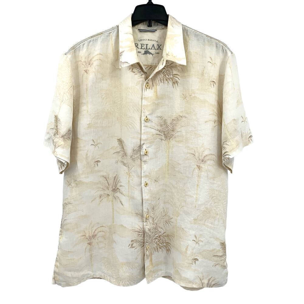 Palm-Print Short-Sleeve Button-Down Shirt - Cream